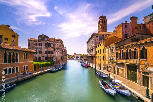 Venice canal in Cannaregio and San Geremia church landmark. Italy