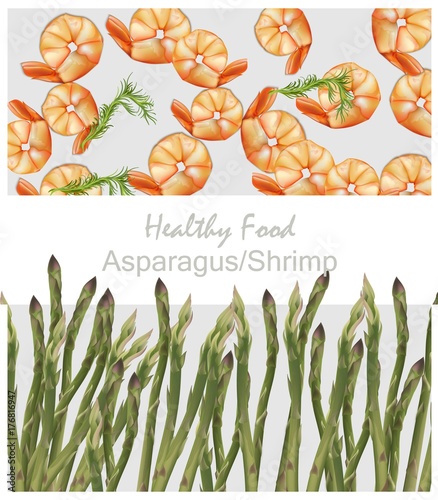 Shrimps and asparagus healthy poster pattern. Realistic background for menu, ...