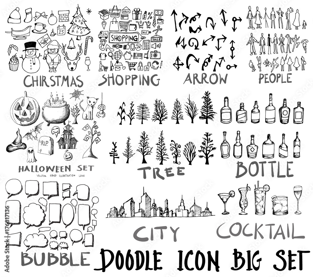 MEGA super collection set of icon doodles of christmas, shopping, arrow, people, halloween, tree, bottle, bubble, city, cocktail eps10