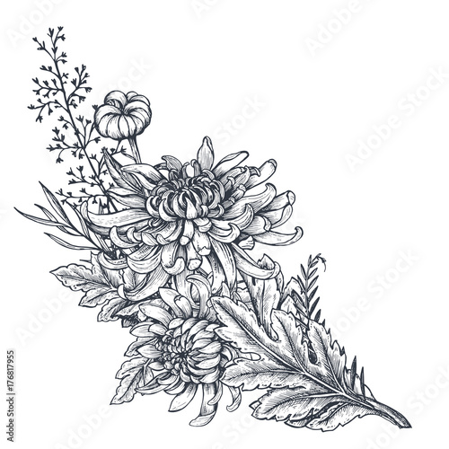 Print op canvas Vector bouquet with hand drawn chrysanthemum flowers