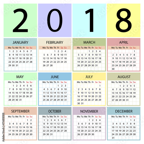 Calendar 2018 year. Week starts with Monday. 