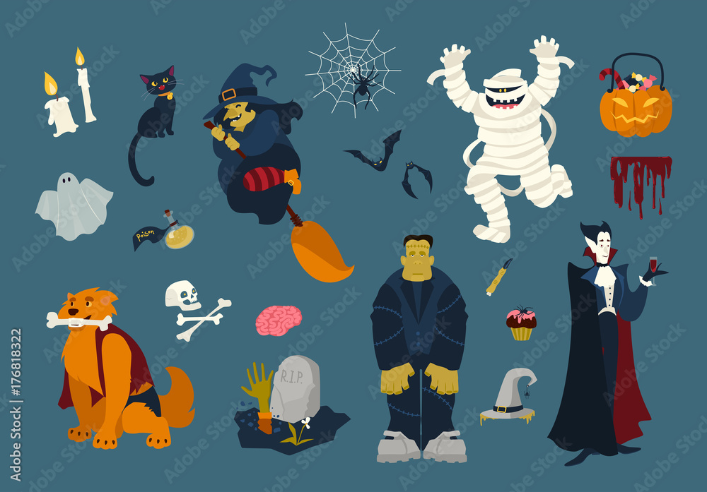 Big collection of funny and spooky Halloween cartoon characters - zombie,  mummy, ghost, witch flying on broom, black cat, dead, vampire, spider on  web, bats. Festive colorful flat vector illustration. Stock Vector |