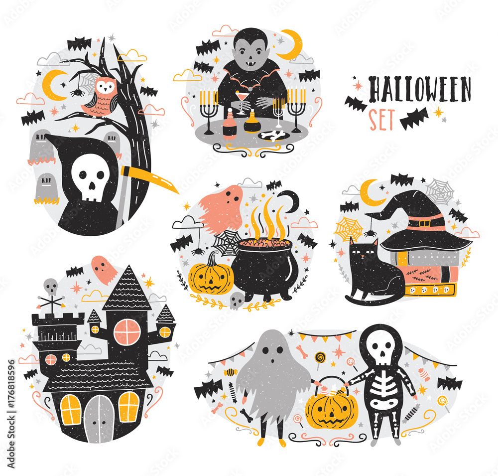 Bundle of Halloween scenes with funny and spooky cartoon characters - vampire, ghost, skeleton, grim reaper, pumpkin lantern, bats. Creepy and frightening fairytale. Festive vector illustration.