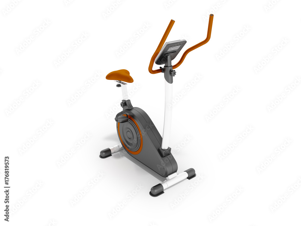 Modern sports exercise bike with electric control home orange 3d render on a white background Modern sports exercise bike with electric control home orange 3d render on a white background