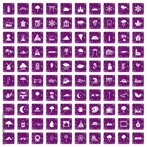 100 scenery icons set grunge purple