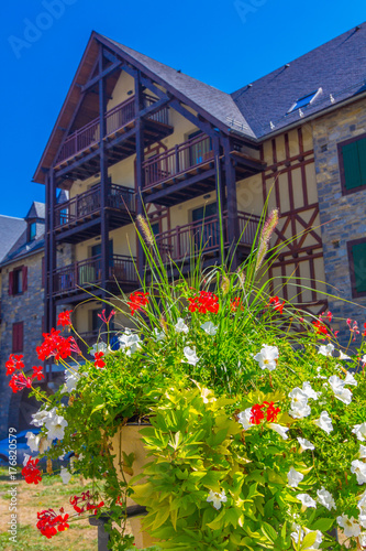 Houses with flowers in towns of the pyrenees in huesca, Spain © james633
