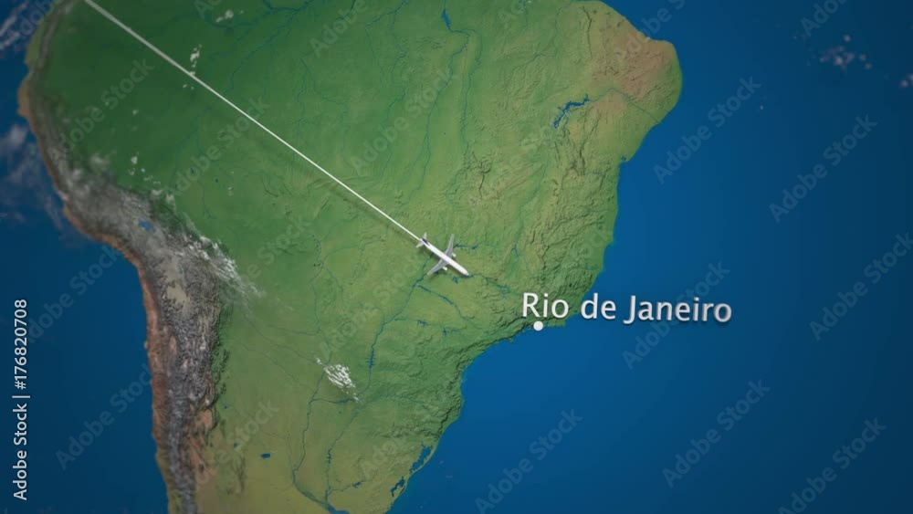 Route of commercial airplane flying from Los Angeles to Rio de Janeiro on the Earth globe. International trip intro animation