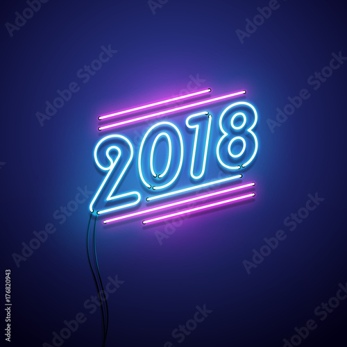 New year 2018 neon sign. Vector background.