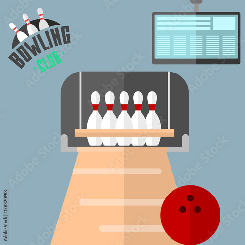 Set of vector colorful bowling icons sport strike pin symbol ball skittle game equipment illustration.