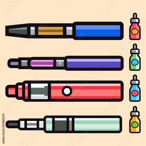 Vape device vector set cigarette vaporizer vapor juice bottle flavor illustration battery coil.