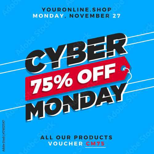 Cyber Monday Super Sale. Up to 75% off Big Sale Sidebar Banner, Poster, Sticker, Badge Advertising Promotion with Price Tag Label Element & Voucher Coupon Gift Code. Fresh Blue Background Color photo