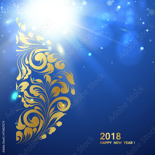Happy new year card with a golden hemisphere from various flower swirls over deep blue sea background. Vector illustration.
