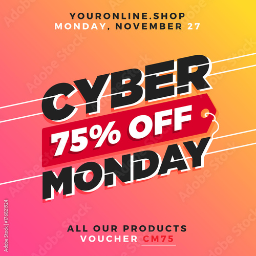 Cyber Monday Super Sale. Up to 75% off Big Sale Sidebar Banner, Poster, Sticker, Badge Advertising Promotion with Price Tag Label Element & Voucher Coupon Gift Code. Fresh Gradient Background Color photo