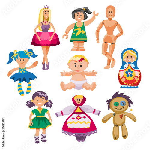 Different dolls toy character game dress and farm scarecrow rag-doll vector illustration