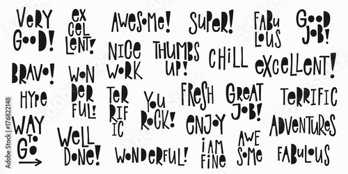 Nice work Good job Well done Thumbs up Awesome Bravo Super Excellent sticker quote lettering. Calligraphy inspiration graphic design typography element. Hand written postcard. Cute simple vector sign.