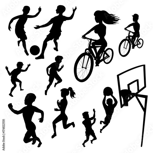 Silhouette athletes vector isolated images on a white background. Set of people involved in different kinds sports - football, running, cycling, basketball. Active rest, fitness and healthy lifestyle.