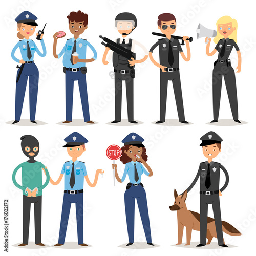 Policeman characters funny cartoon man pilice person uniform cop standing people security vector illustration.