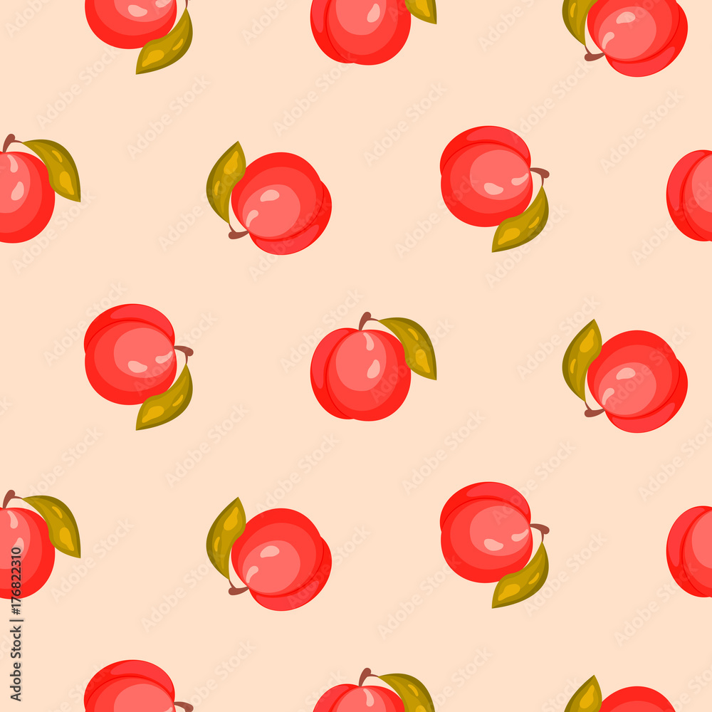 Bright ripe peach fruit seamless vector pattern. Light orange pastel backround. Bright ripe peach fruit seamless vector pattern. Light orange pastel backround.