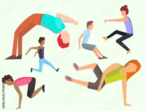 Fitness sport parkour people concept young person jumping extreme running danger gymnastics exercising vector illustration