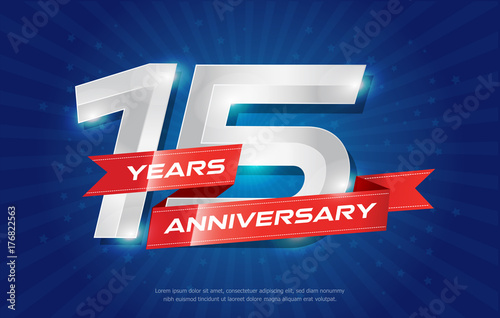 15 years anniversary background with red ribbon and star on blue background. celebrating logotype, poster or brochure template. Vector illustration