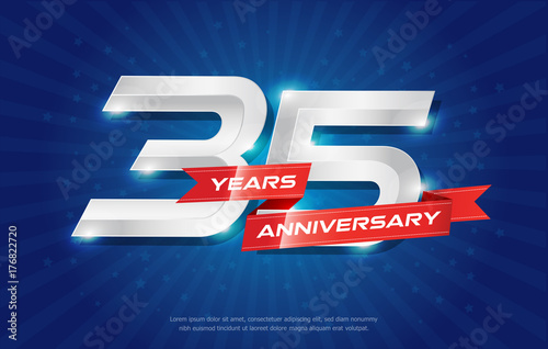 35 years anniversary background with red ribbon and star on blue background. celebrating logotype, poster or brochure template. Vector illustration