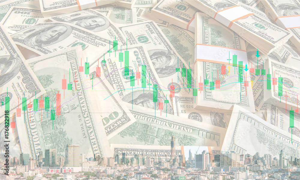 The conceptual multi exposure image of investment, financial and real estate market with dollar, stock chart and building as represented symbols. The background image for investment market