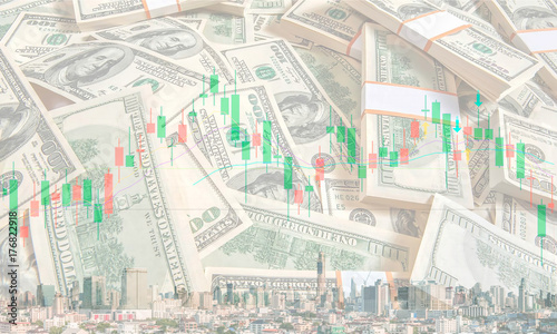 The conceptual multi exposure image of investment  financial and real estate market with dollar  stock chart and building as represented symbols. The background image for investment market