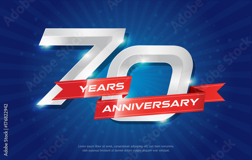 70 years anniversary background with red ribbon and star on blue background. celebrating logotype, poster or brochure template. Vector illustration