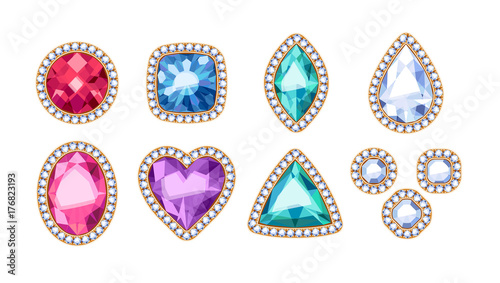 Colorful gemstones in diamond rim vector illustration.