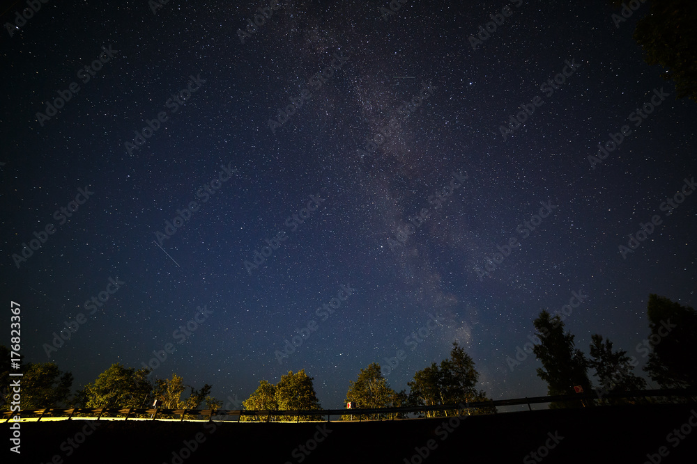 The stars of the milky way in the night sky over a highway in the forest.