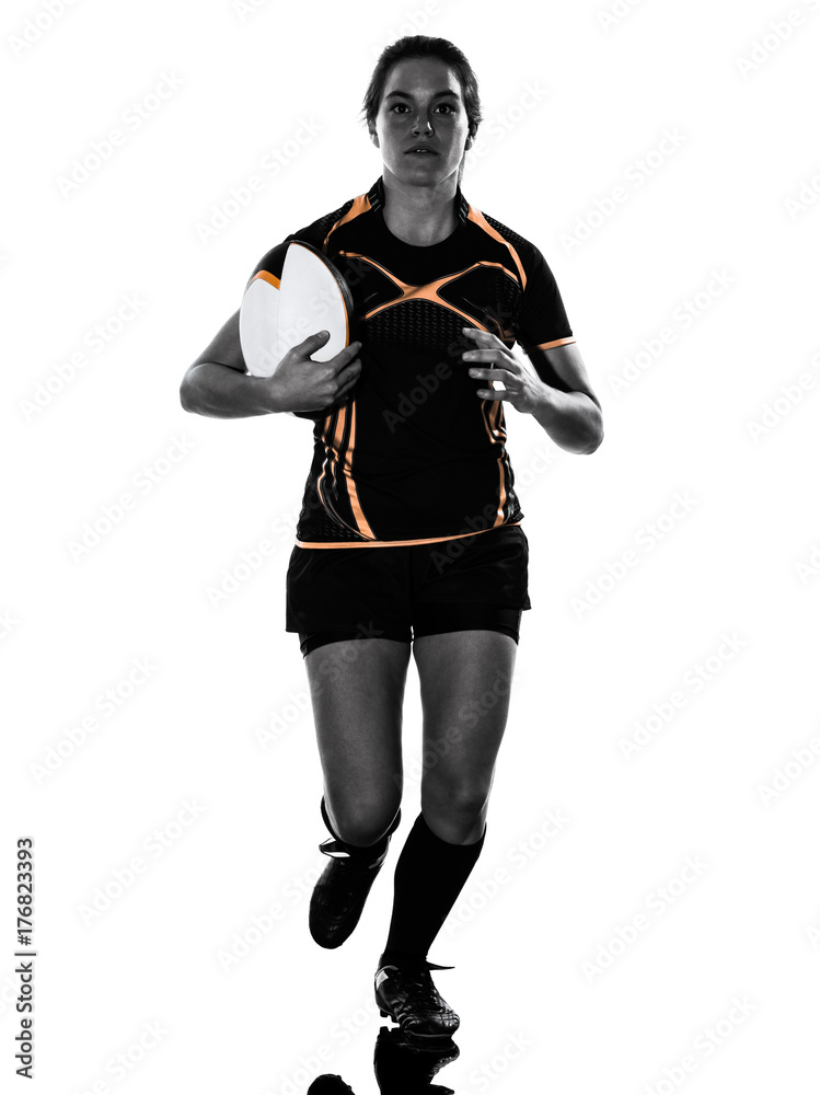 one rugby woman player in silhouette isolated on white backround