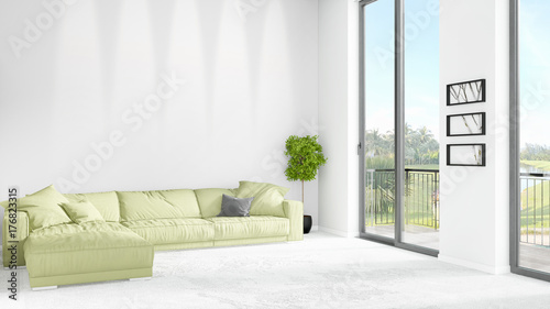 Brand new white loft bedroom minimal style interior design with copyspace wall and view out of window. 3D Rendering.