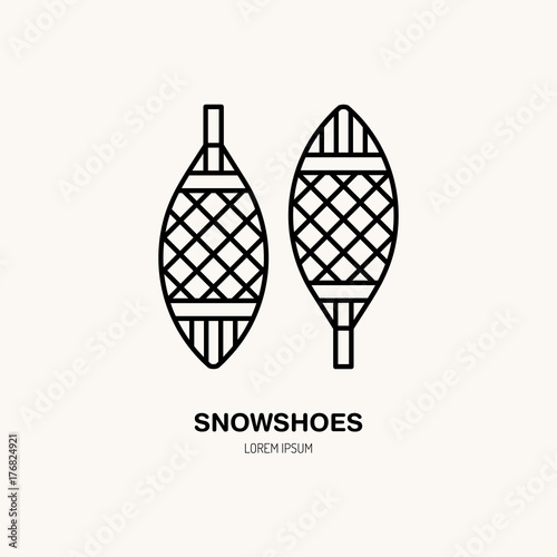 Vector thin line icon of snowshoes. Winter recreation equipment rent logo. Outline symbol of walking on snow. Cold season activities sign.