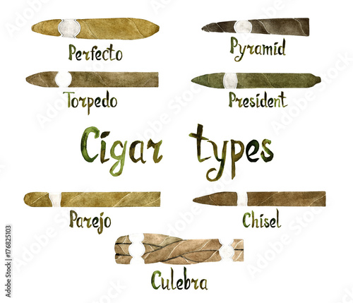 Cigar shapes types: perfecto, pyramid, torpedo, president, parejo, chisel and culebra, isolated hand painted watercolor illustration with handwritten inscription