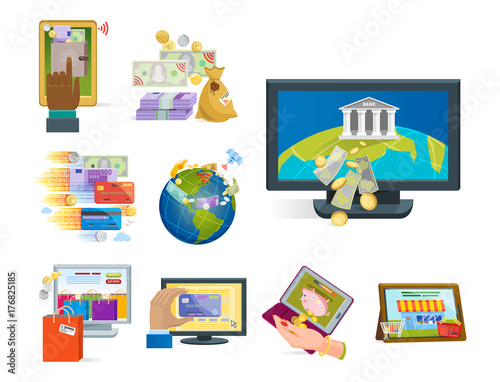 Mobile payments icons vector smartphone transaction ecommerce wallet wireless connection banking card credit online pay shopping.