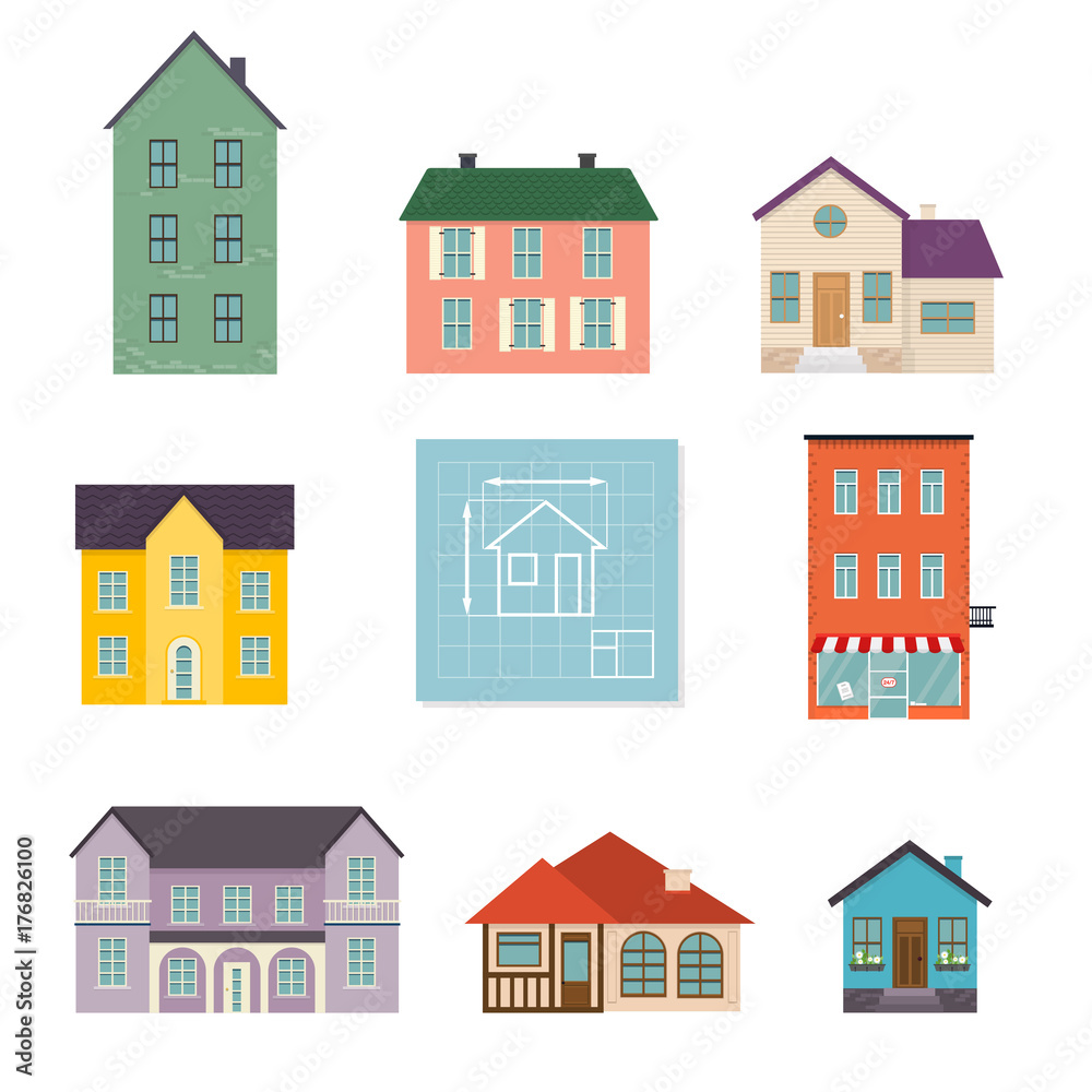 Set flat house icons. Family house icon isolated on white background. Concept for web banners, websites, infographics.