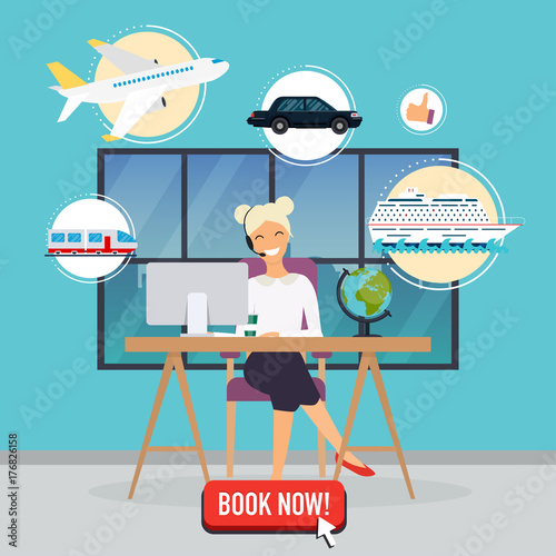 Travel agency concept. Woman sitting at the table in the office. Vacation booking airplane, cruise liner, train, auto. Flat design modern vector illustration concept.