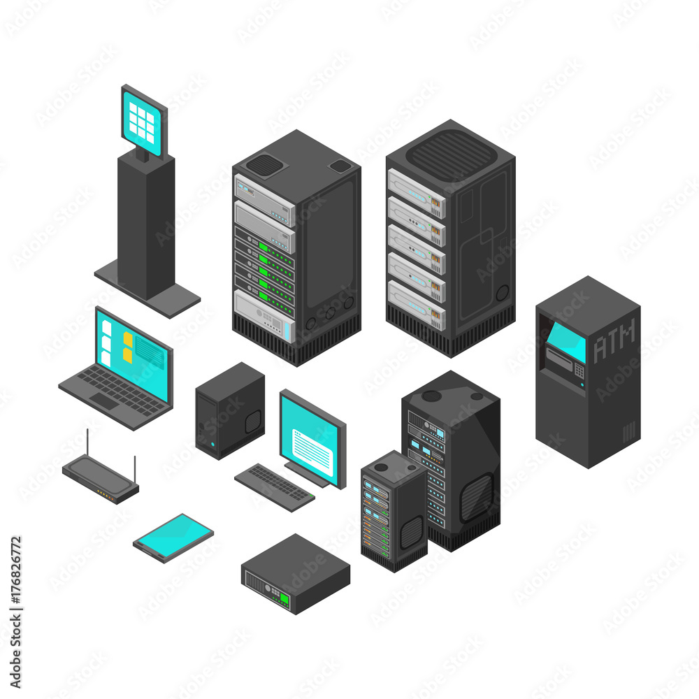 Isometric technology and banking icons. Flat vector illustration Isometric technology and banking icons. Flat vector illustration