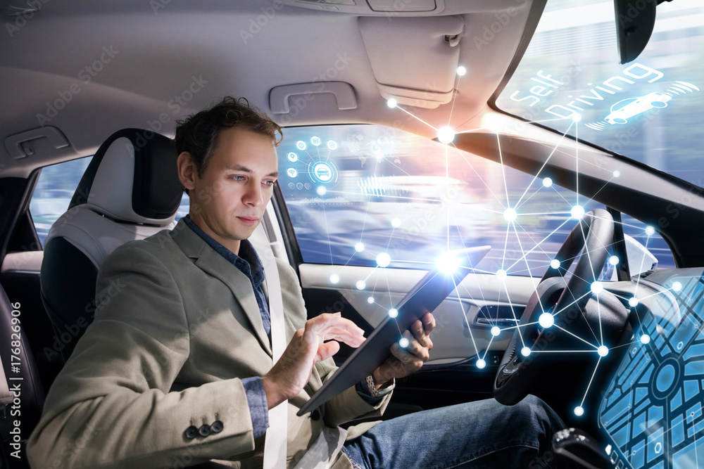 Autonomous car and wireless communication network concept. Self driving vehicle. Driverless car.