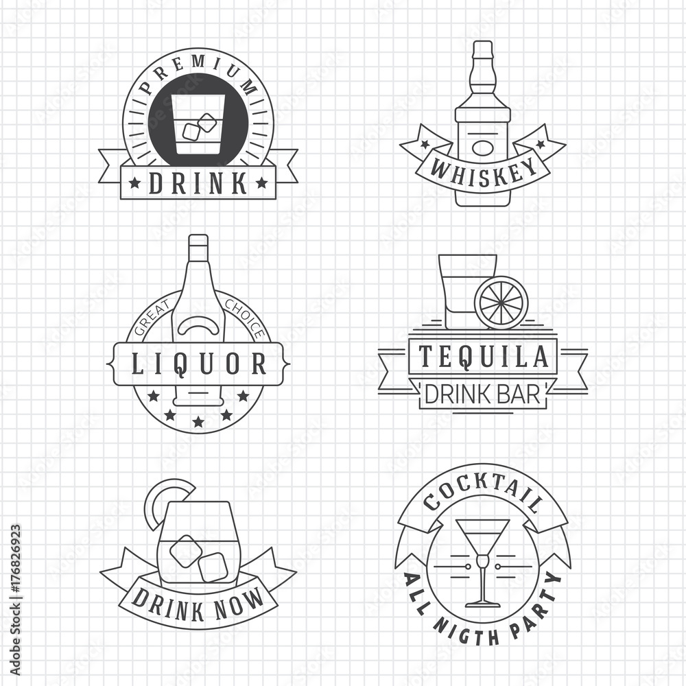 Alcohol drinks thin line emblems on notebook page