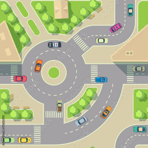 Urban cars seamless texture. Vector background. Road intercharge with cars