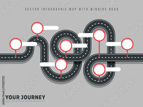 Navigation winding road vector way map infographic on grey background