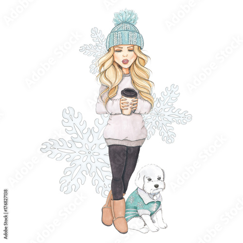 Girl With Coffee Isolated on a White Background Christmas Hand Drawn Illustration