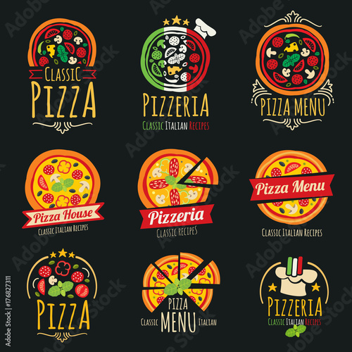 Pizza vector logos. Pizzeria italian cuisine restaurant labels and emblems
