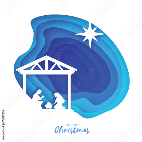 Birth of Christ. Baby Jesus in the manger. Holy Family. Magi. S Star of Bethlehem - east comet. Nativity Christmas graphics design in paper cut style. Vector