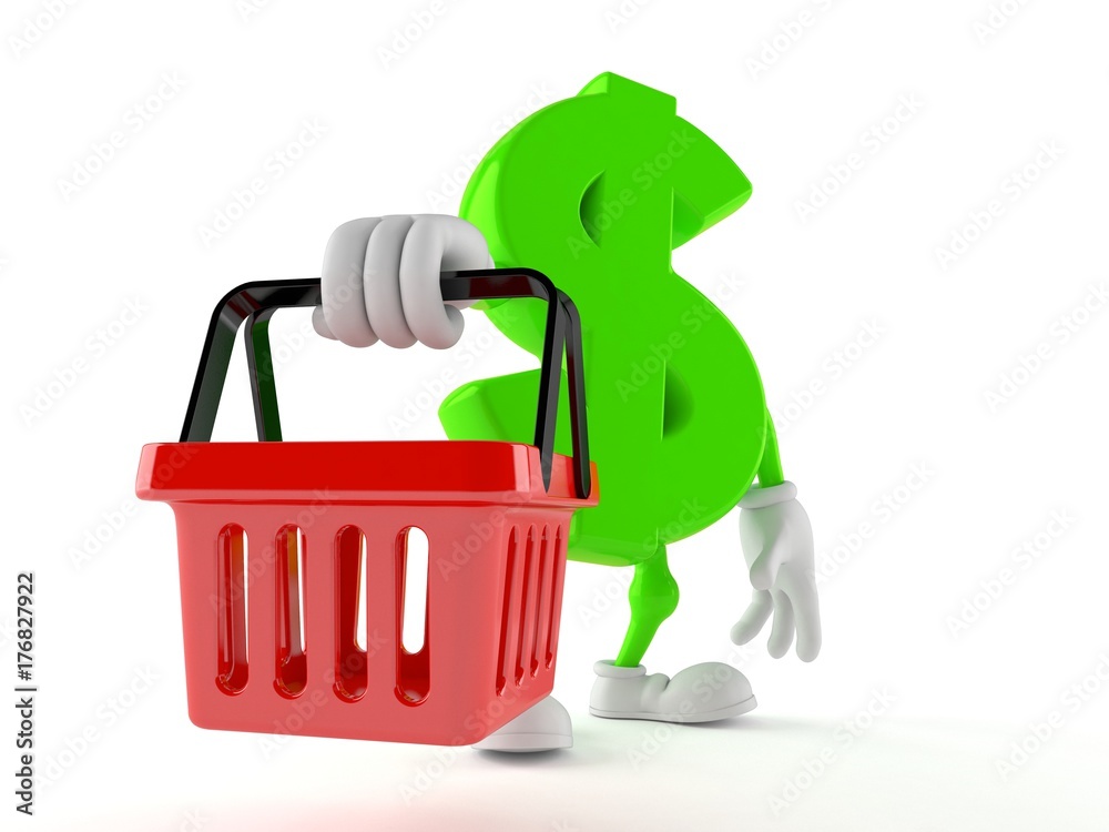 Fototapeta premium Dollar character holding shopping basket
