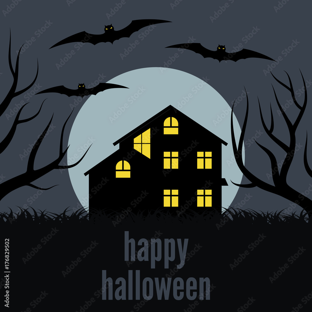 A lonely house at night in front of the Moon. Vector background for Halloween
