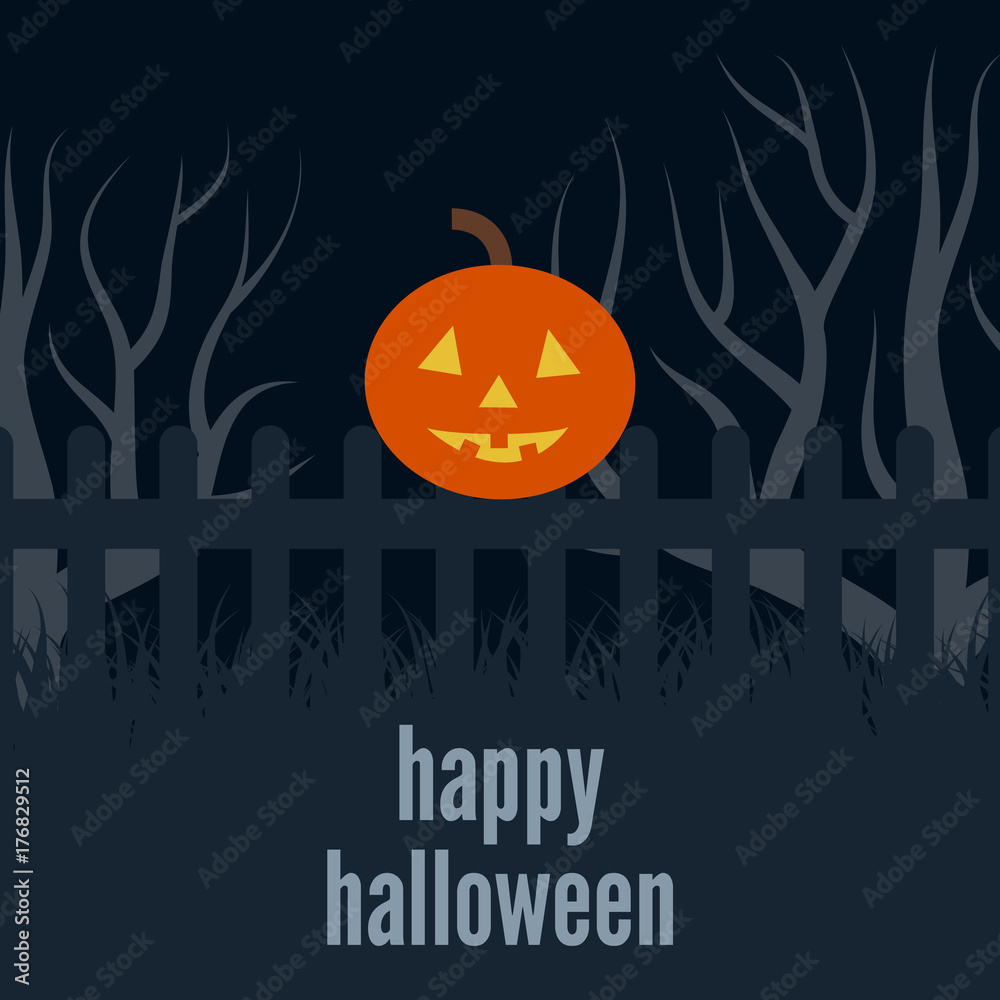 Pumpkin head on the fence at night. Vector background for Halloween
