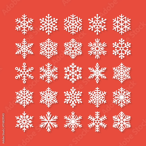 Snowflake flat icons set. Collection of cute geometric snowflakes, stylized snowfall. Design element for christmas or new year card, winter ornament. Frozen snow flakes silhouette on red background.