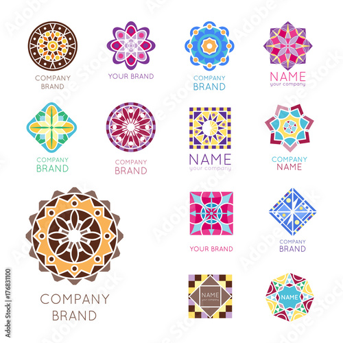 Abstract triangular polygonal shape kaleidoscope geometry company brand logo badge template circle decorative vector icon.